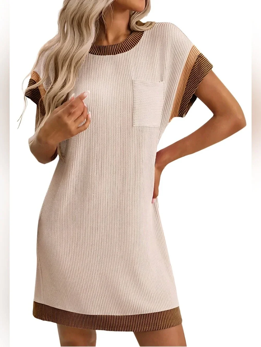 Women’s Brown Cream Striped Ribbed T-Shirt Dress Pocket Size M New